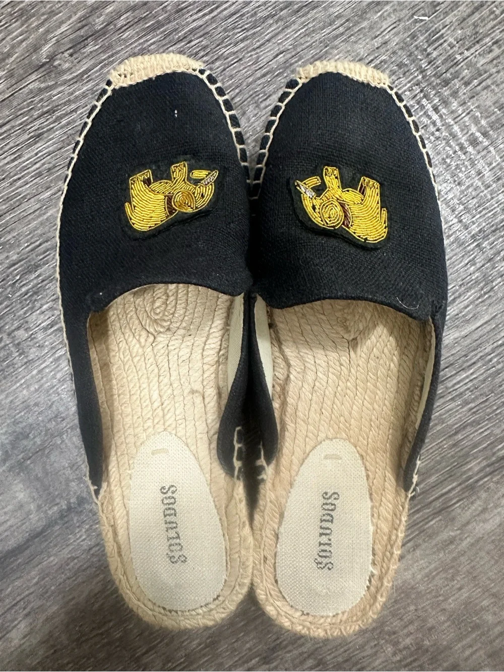 Soludos Black Espadrille Slip-Ons with Yellow Embroidery